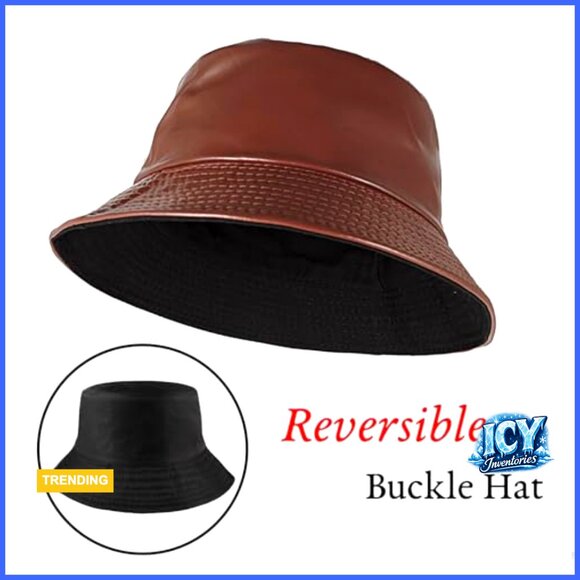Reversible PU Leather Bucket Hat Adjustable Fishing Cap Unisex One Size